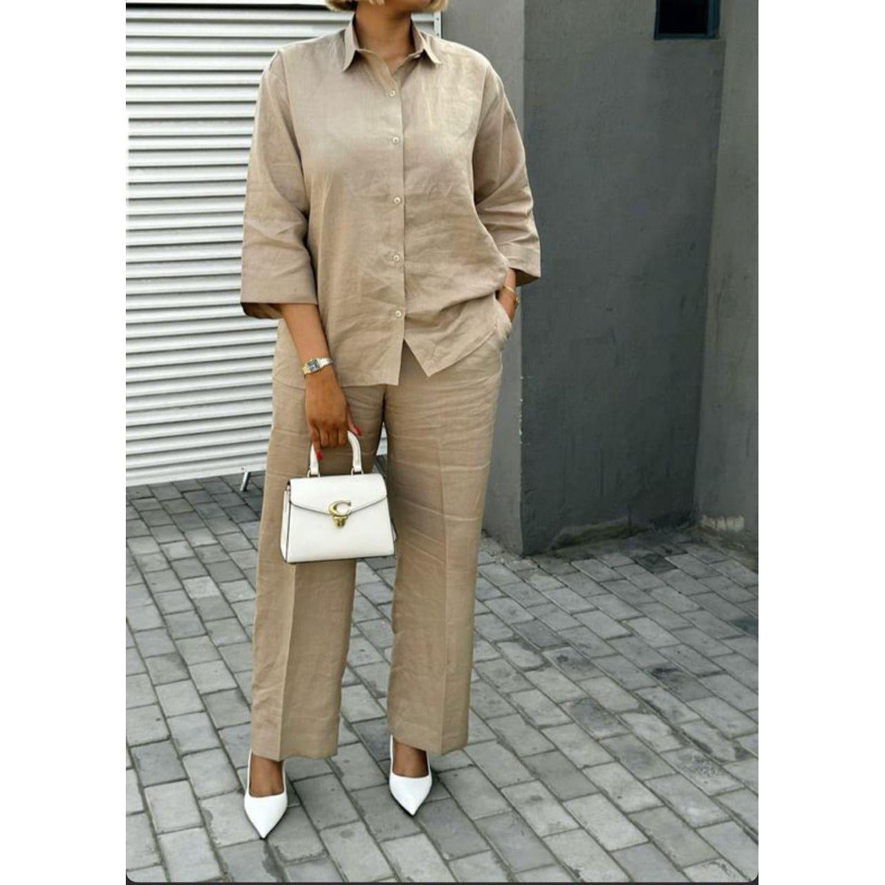 Button Decor Blouse And Relaxed Pants 2 Piece Set.