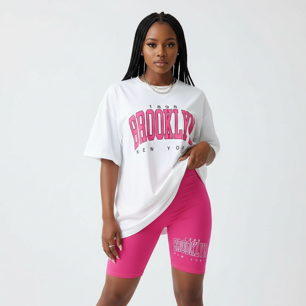 Short Sleeve Ladies Brooklyn Printed T Shirt and Tight Pants Set.
