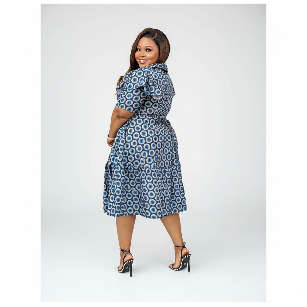 Short Sleeve African Print Pleated Knee Dress.