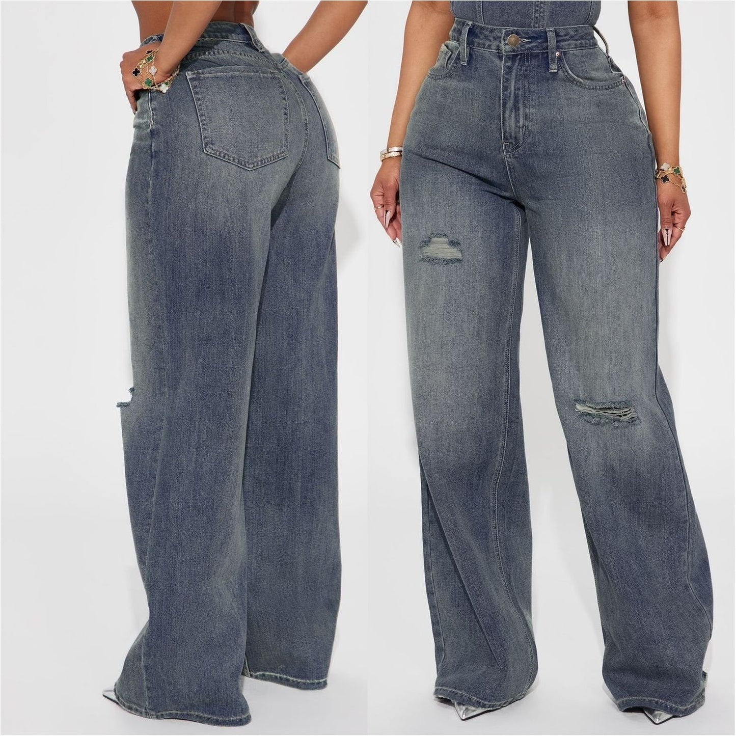 Distressed Washed Jeans With Holes.