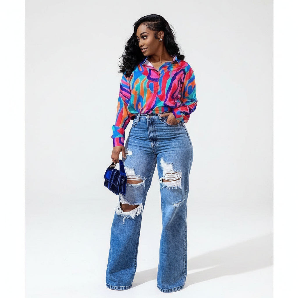 Ripped Washed Jeans With Holes.