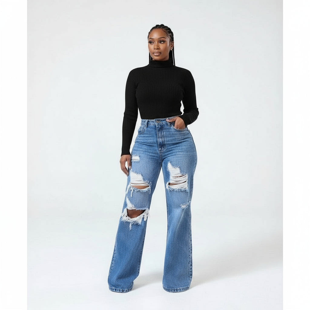 Ripped Washed Jeans With Holes.