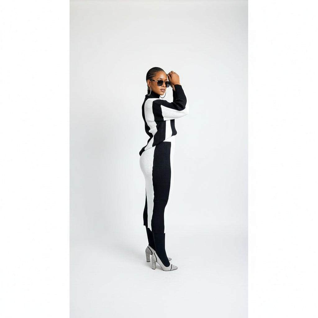 2 Tone Turtleneck Drop Shoulder Sweater & Knit Midi Skirt