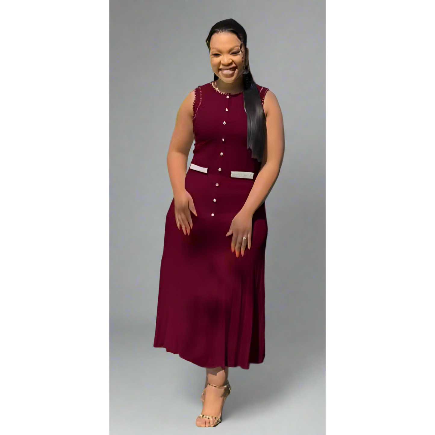 Pearl Decor Elegant Sleeveless Corset Midi Dress.