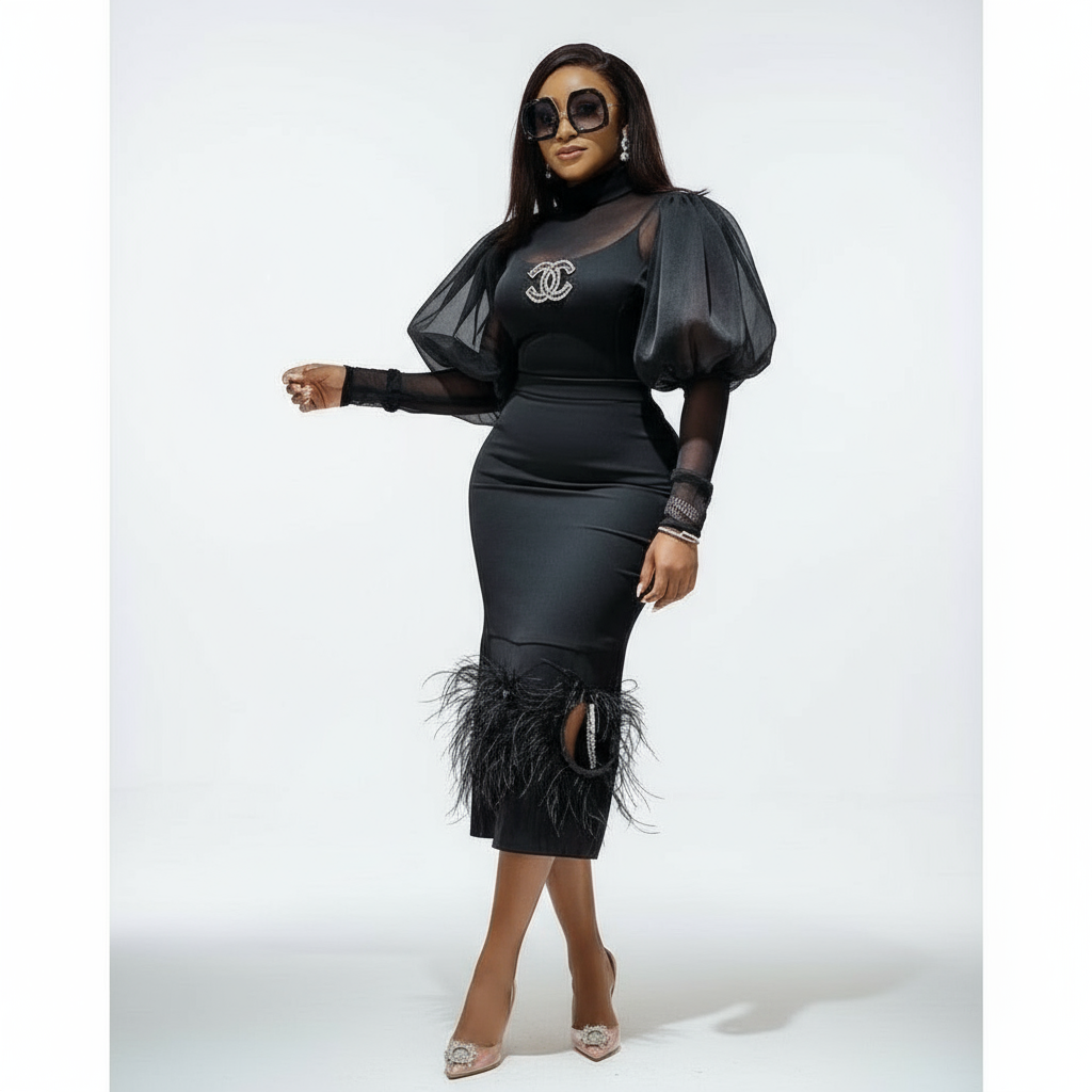 Puff Sleeve feather Patchwork Dress