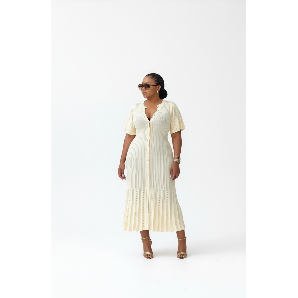 Bodycon Button Short Sleeve Knitted Maxi Dress