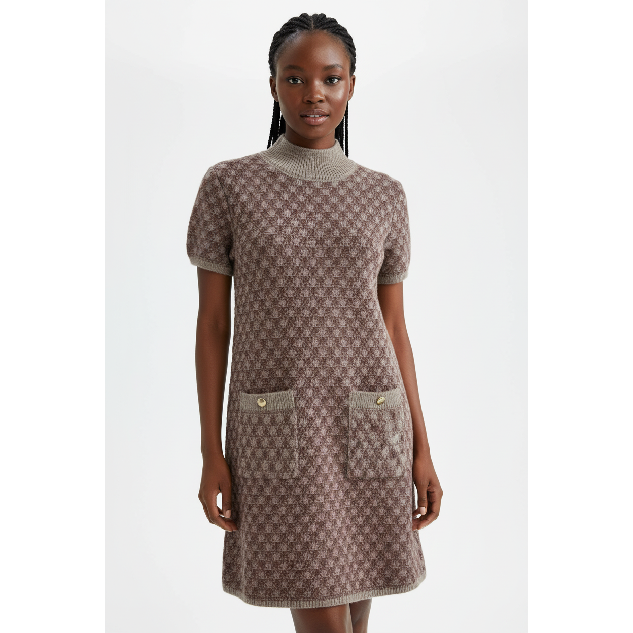 Mock-Neck Plaid Knit Mini A-Line Dress