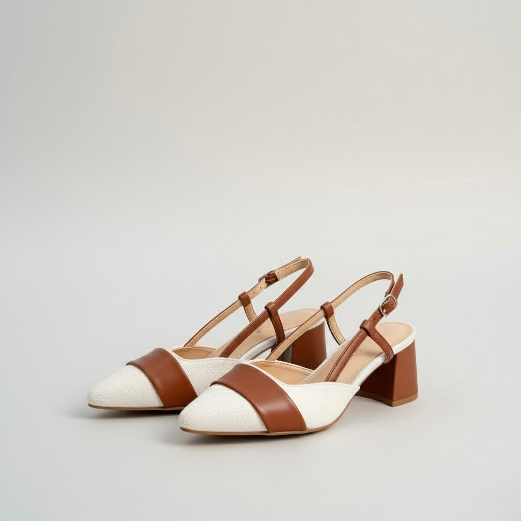 Elegant Linen-Trimmed Heeled Mary Jane Pumps Pointed Toe
