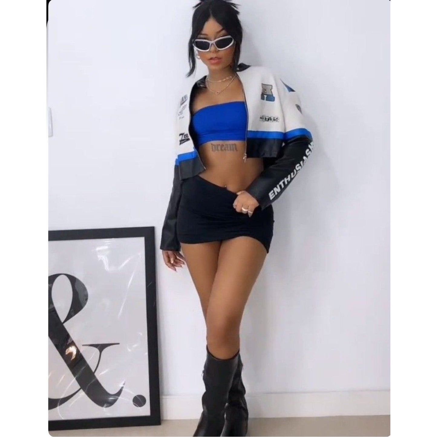 Leather Graphic Colourblock Crop Jacket.