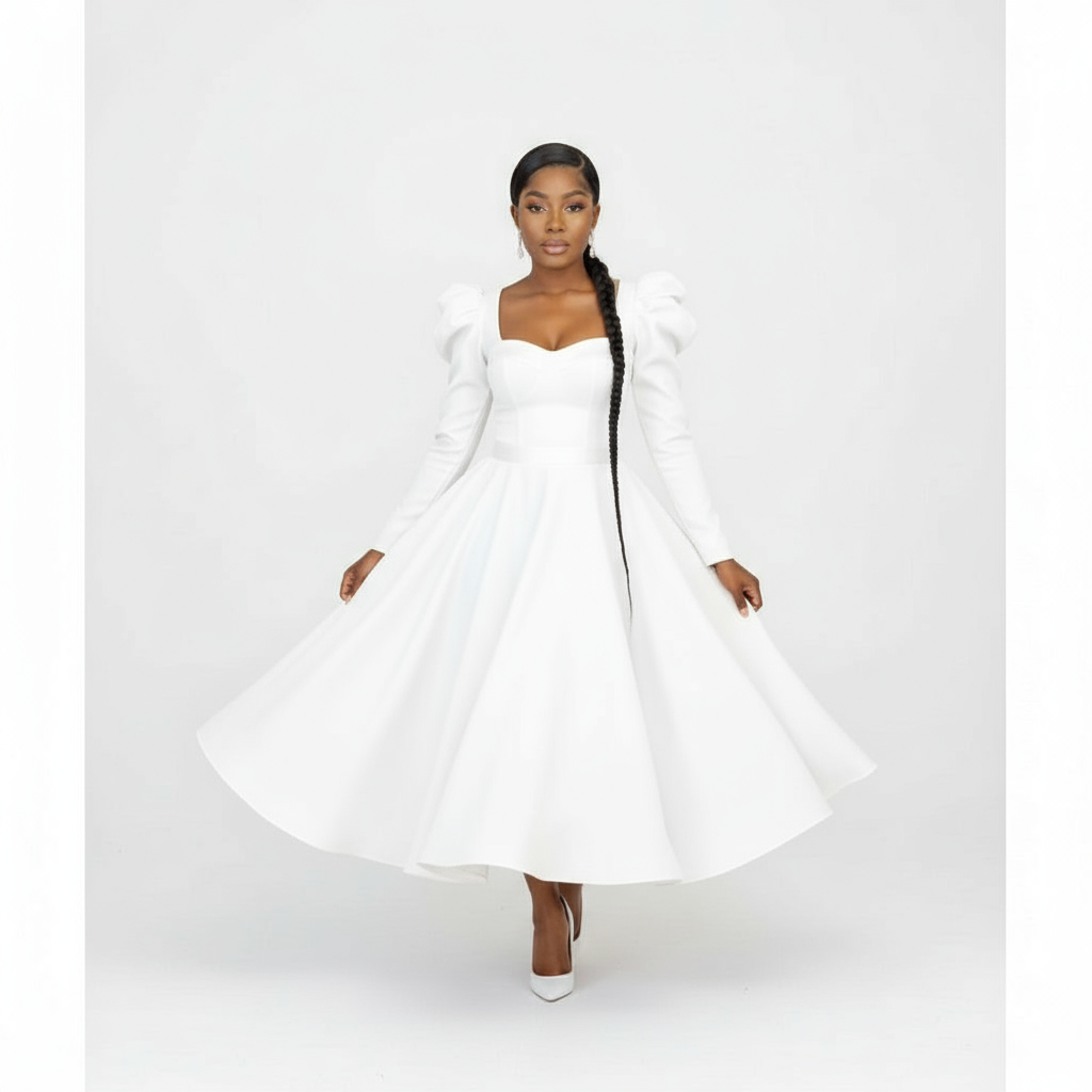 Puffy Shoulder Long Sleeve Midi Dress.