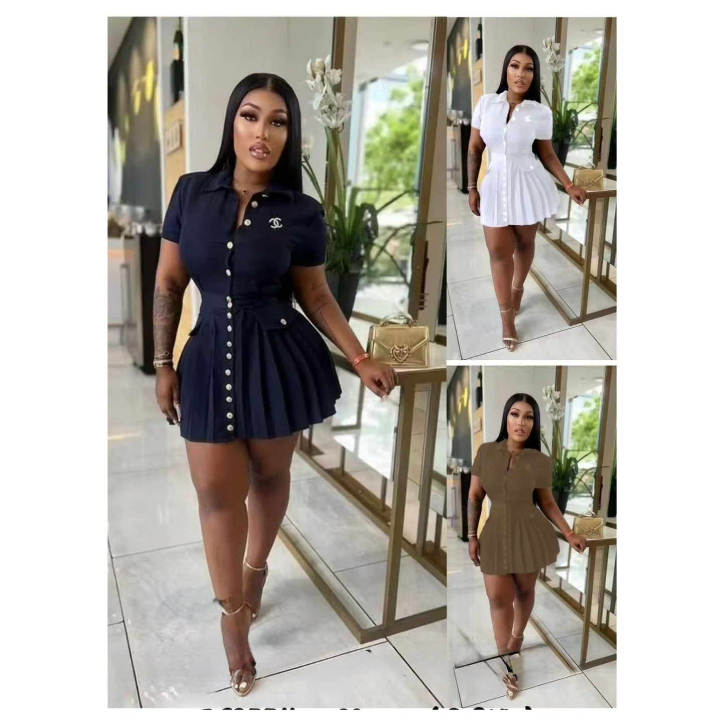 Button Detailed Short Sleeve Mini Dress.