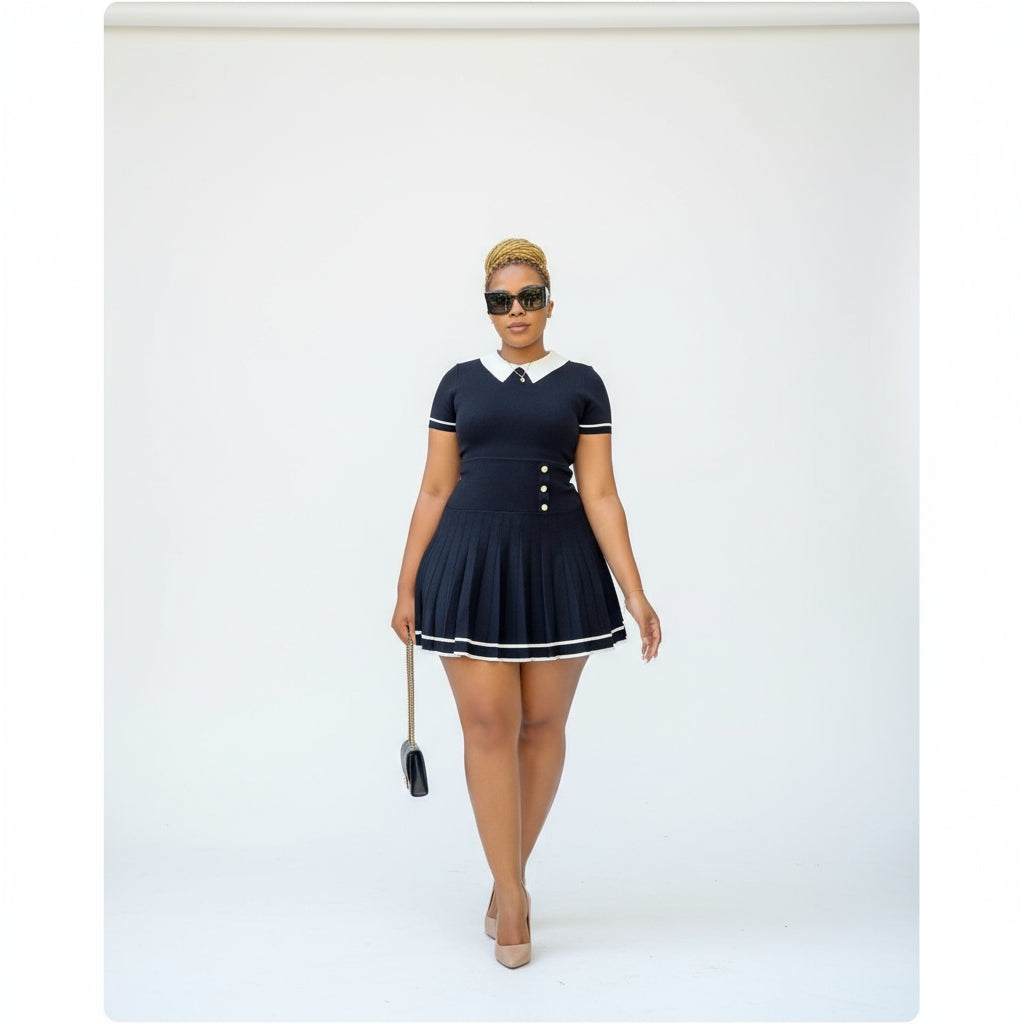 Collared Contrasting Pleated Knitted Mini Dress.