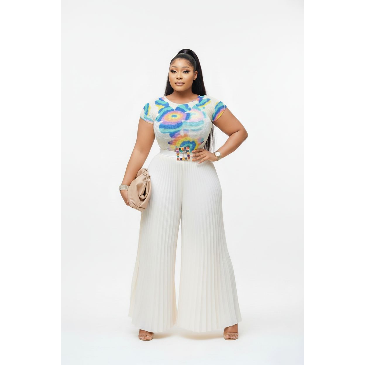 Floral Mesh Top and Pleated Pant Set.