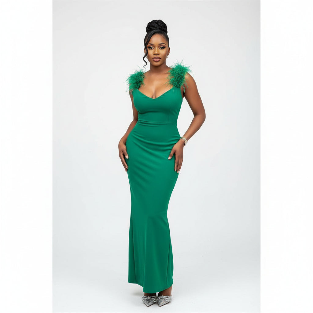 Shoulder Feathers Silky Dress