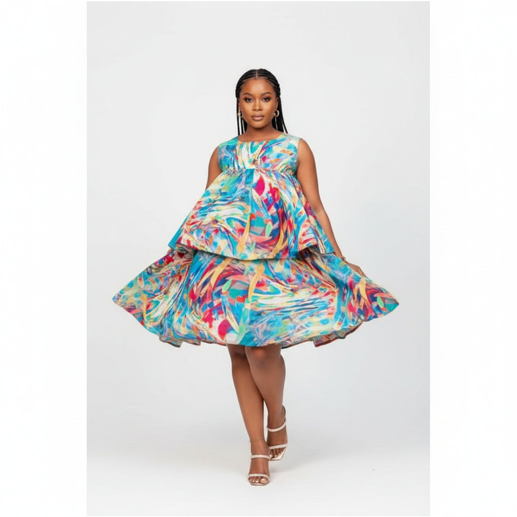 Printed Pleated Sleeveless Short Dress.