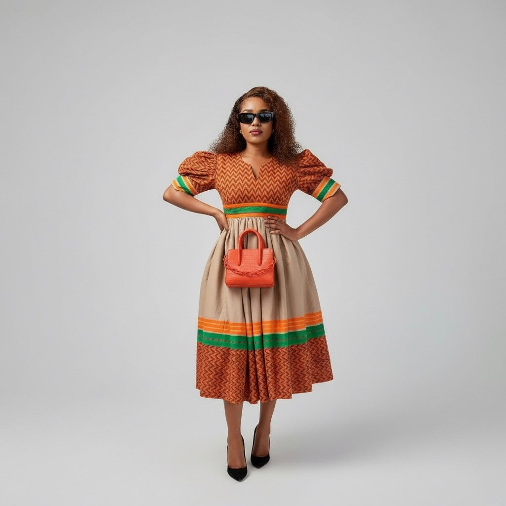 Ankara Print Puff Sleeve Midi Dress