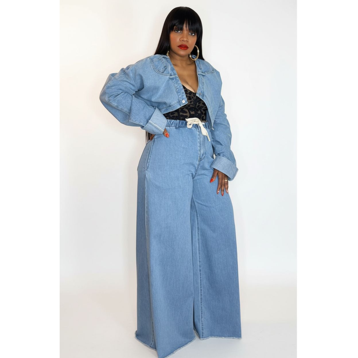 High Waisted Flare Pant & Crop Jacket Denim Set