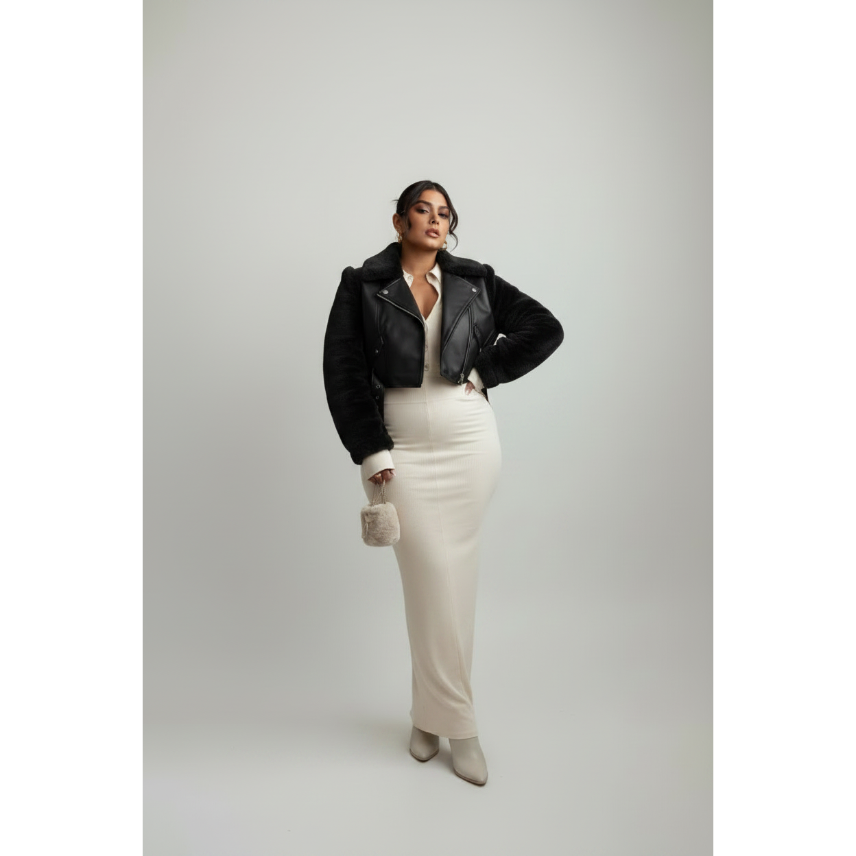 Faux Fur Sleeve Cropped Biker Jacket