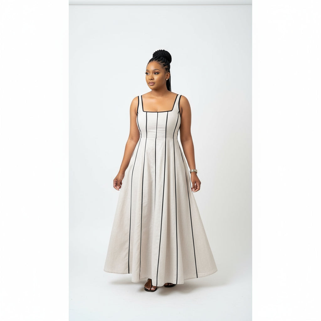 A model wearing a sleeveless white midi dress with black stripes and contrast binding, standing indoors.