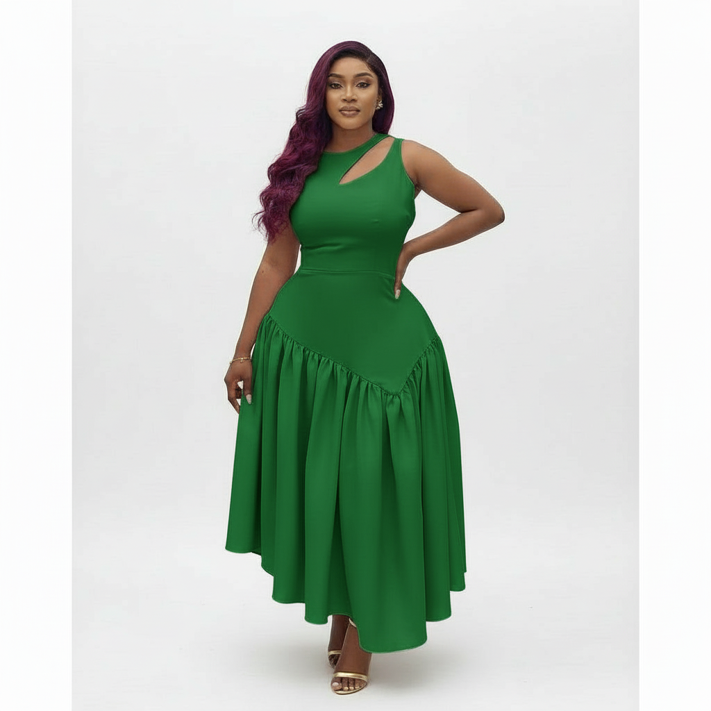 Sleeveless Bodycon Dress With Ruffle Hem Design.