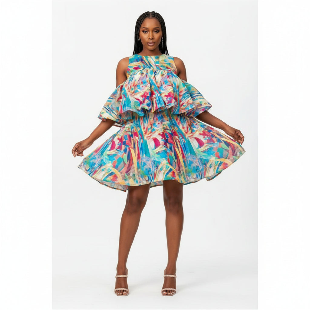 Printed Pleated Sleeveless Short Dress.