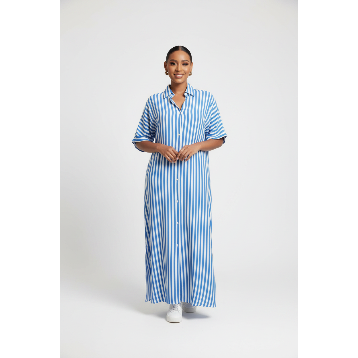 Half Sleeve Striped High Slits Dress.