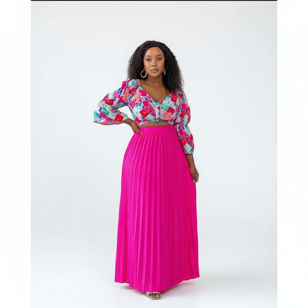 Sexy Round Neck Crop Hot Top and Pleated Skirt