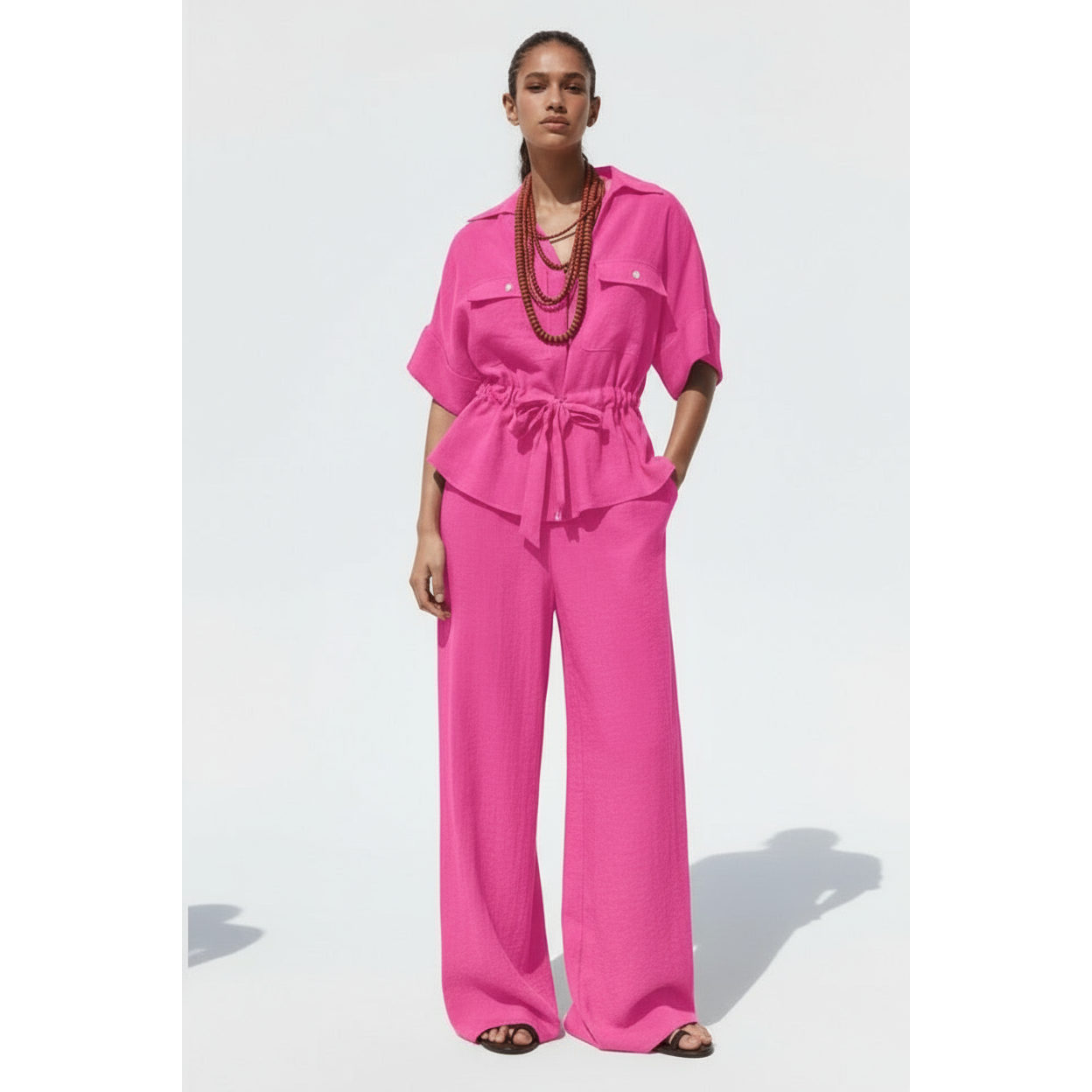 Two-Piece Linen Co-Ord Set with Belted Top & Wide Leg Pants