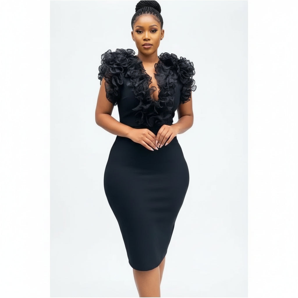 Ruffle V Neck Sleeveless Bodycon Midi Dress