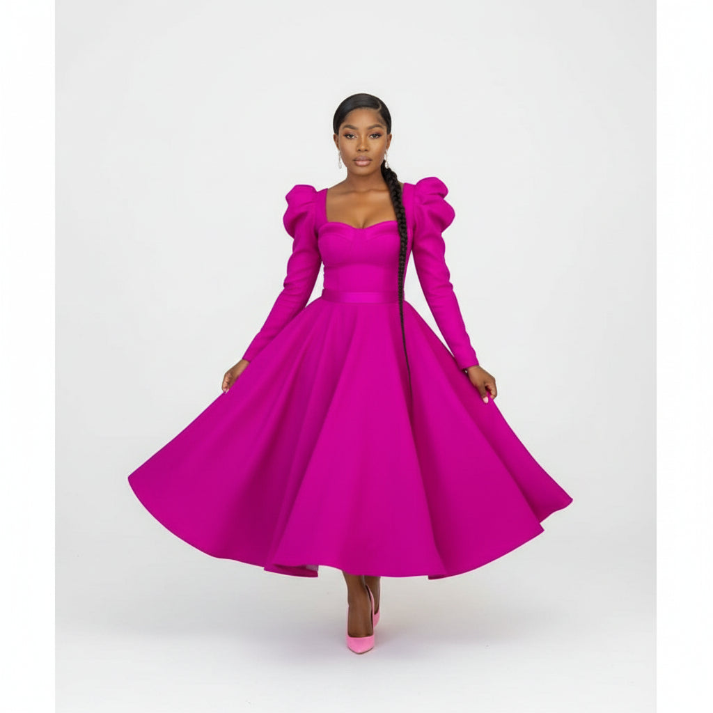 A person wearing a pink long sleeve midi dress with a square neckline, sitting on a sofa.