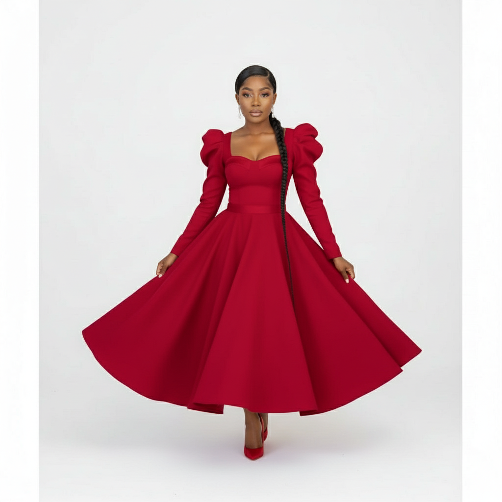 Puffy Shoulder Long Sleeve Midi Dress.