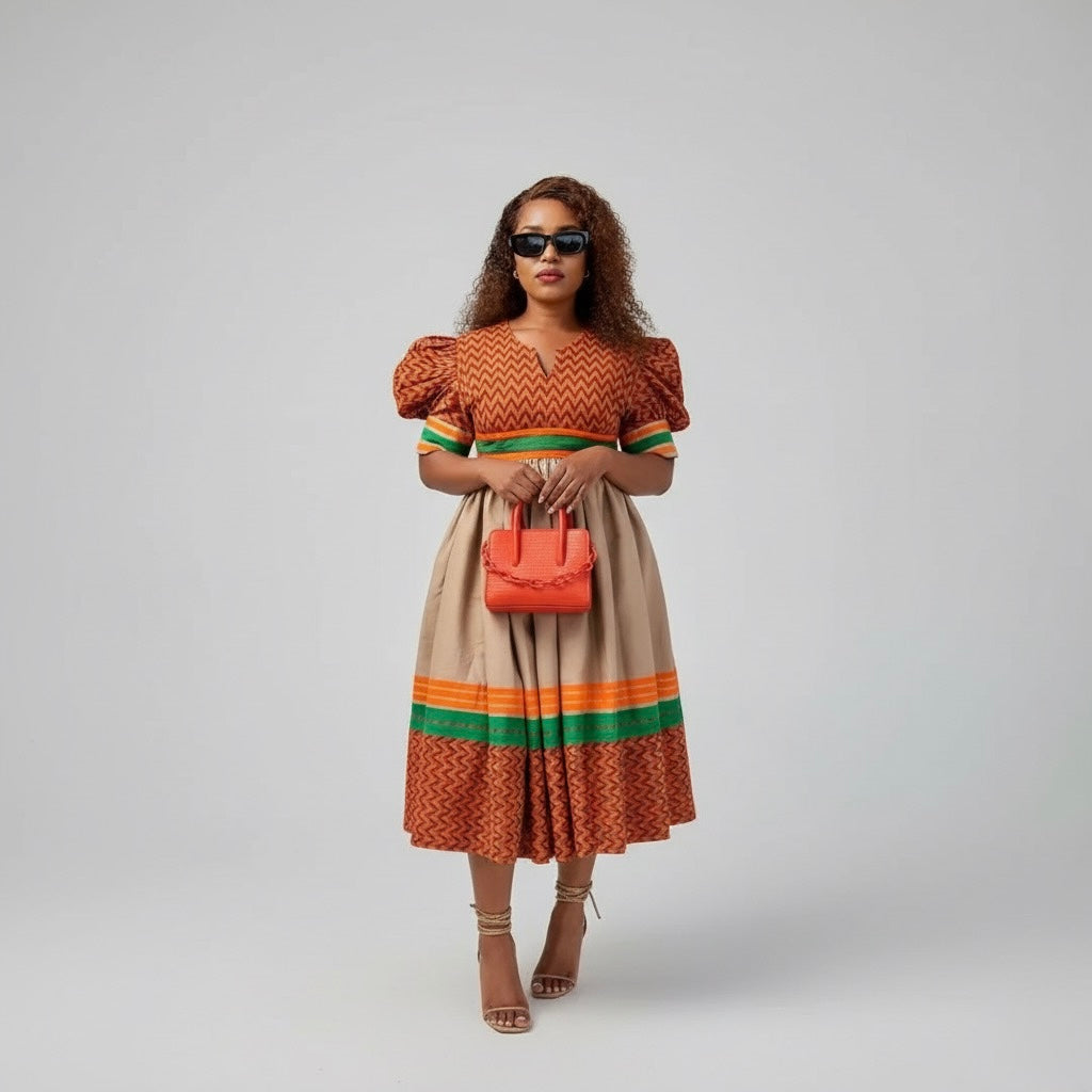 Ankara Print Puff Sleeve Midi Dress
