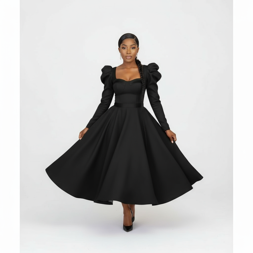Puffy Shoulder Long Sleeve Midi Dress.