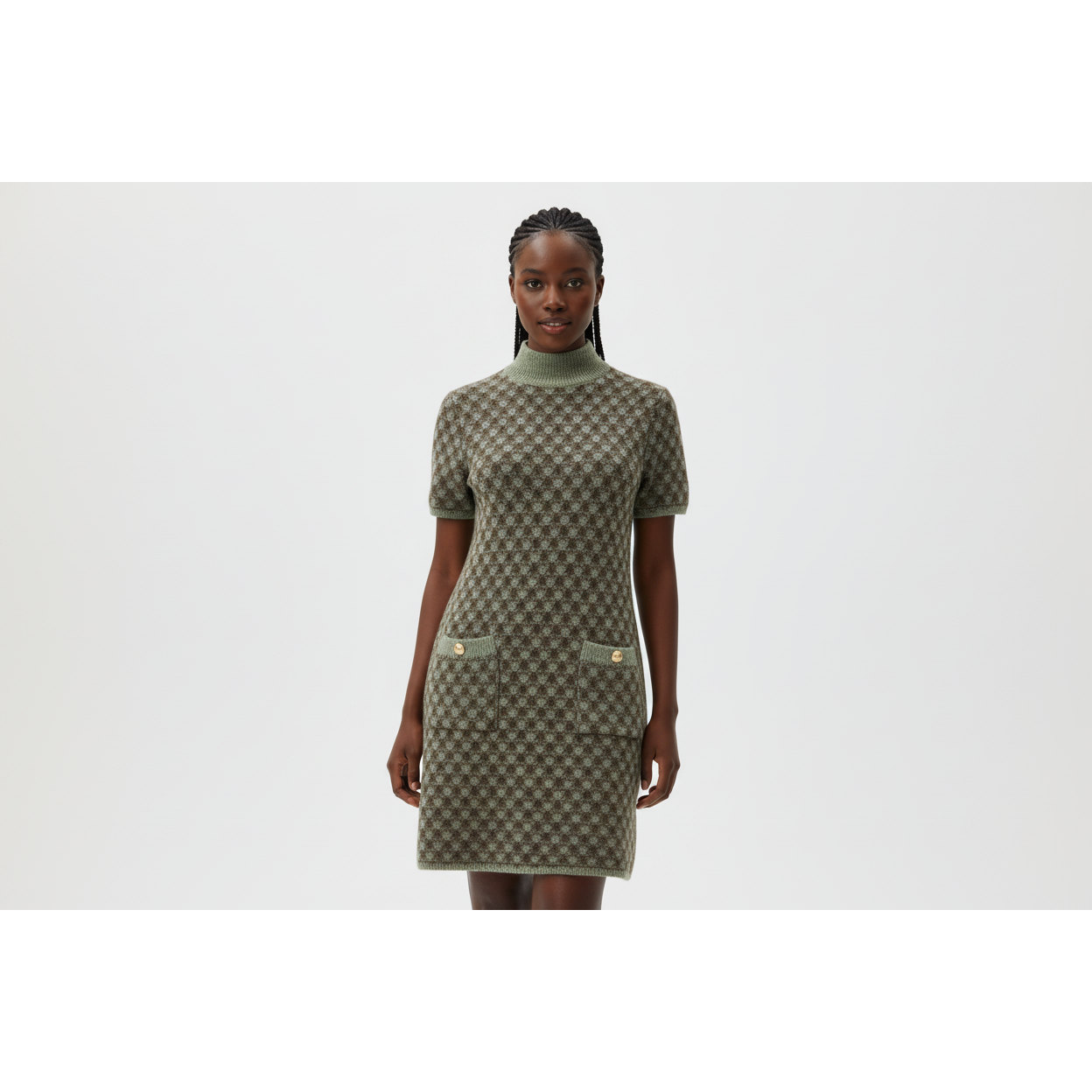 Mock-Neck Plaid Knit Mini A-Line Dress