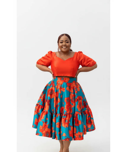 Neon Yellow Blue Floral Top with Tiered Denim Skirt Set