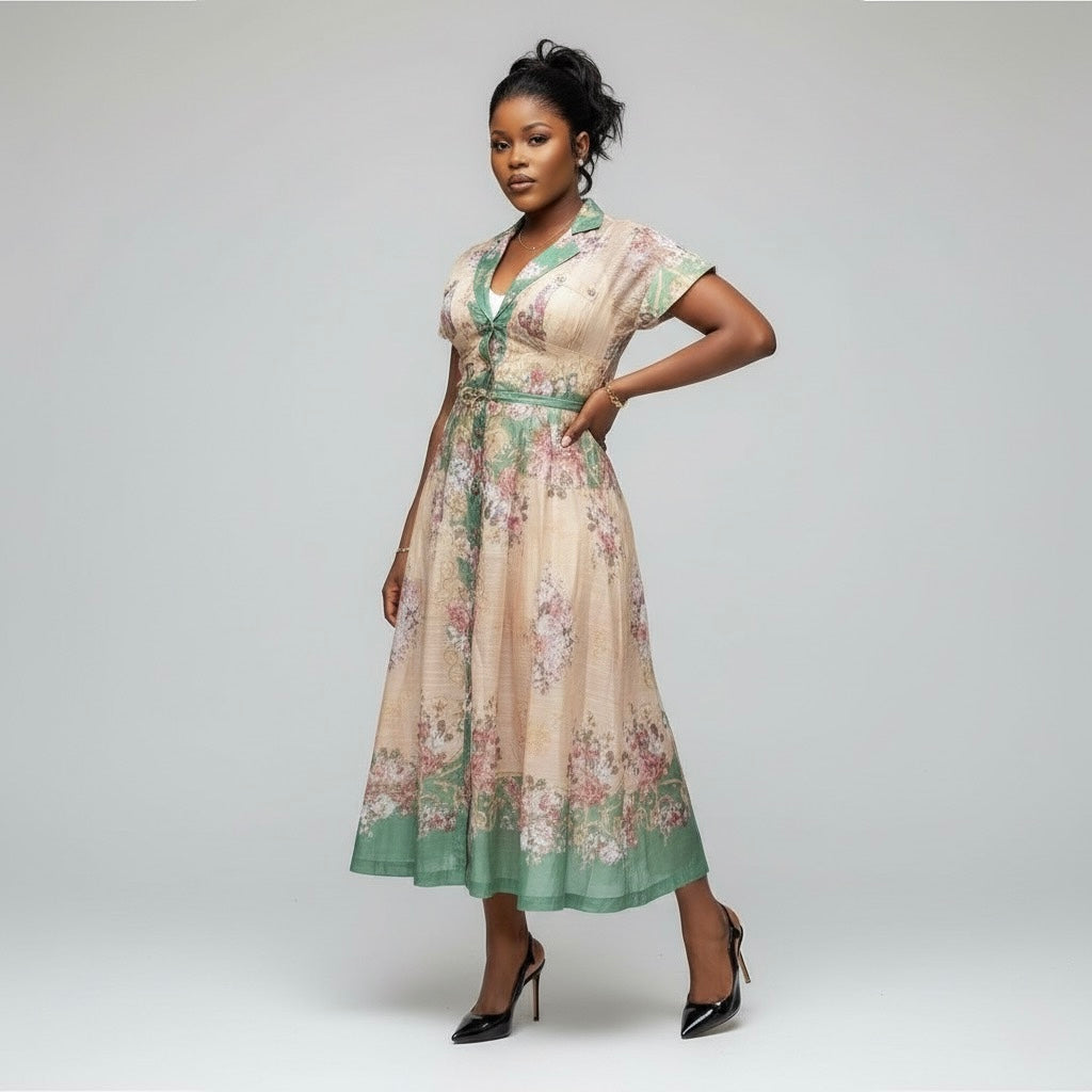 Plus Size Short Sleeve V-Neck Multi-Color A-Line Maxi Dress