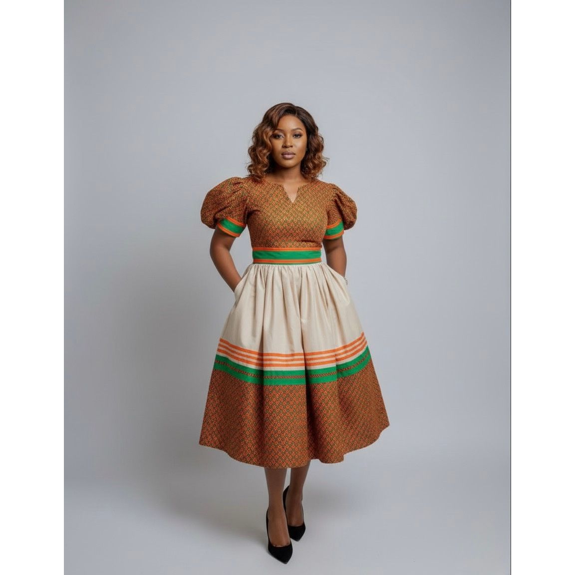 Ankara Print Puff Sleeve Midi Dress