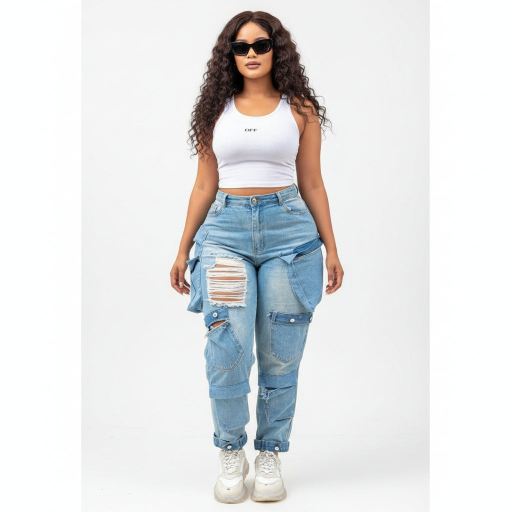 Ripped Pockets detailed Denim Trousers