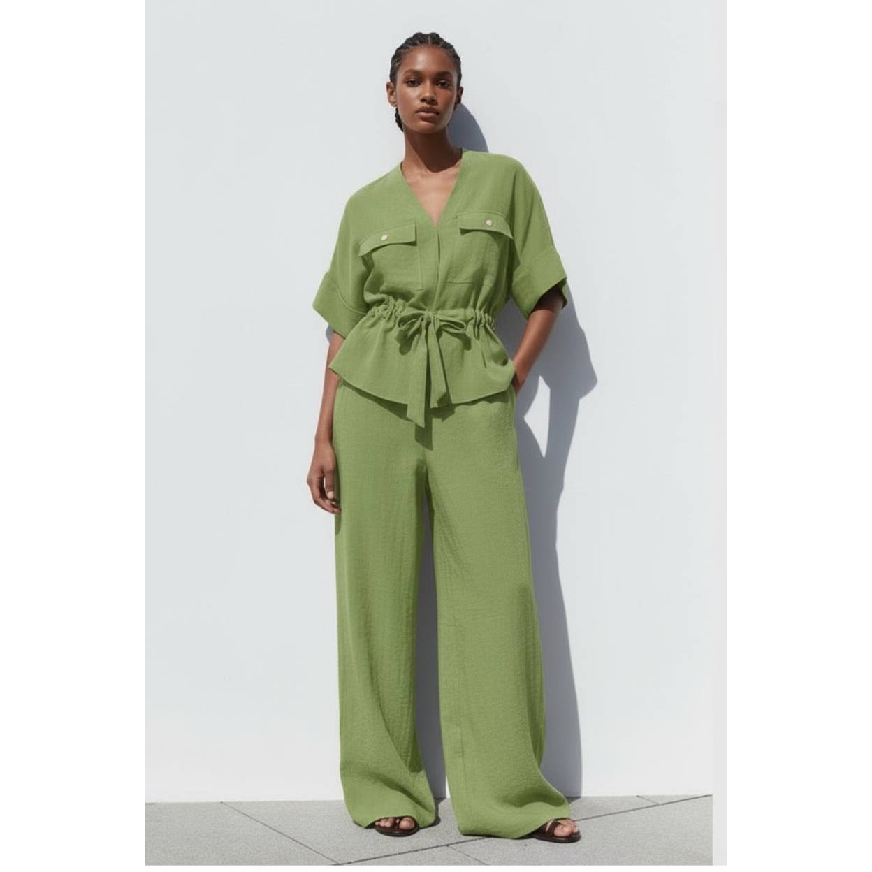 Two-Piece Linen Co-Ord Set with Belted Top & Wide Leg Pants