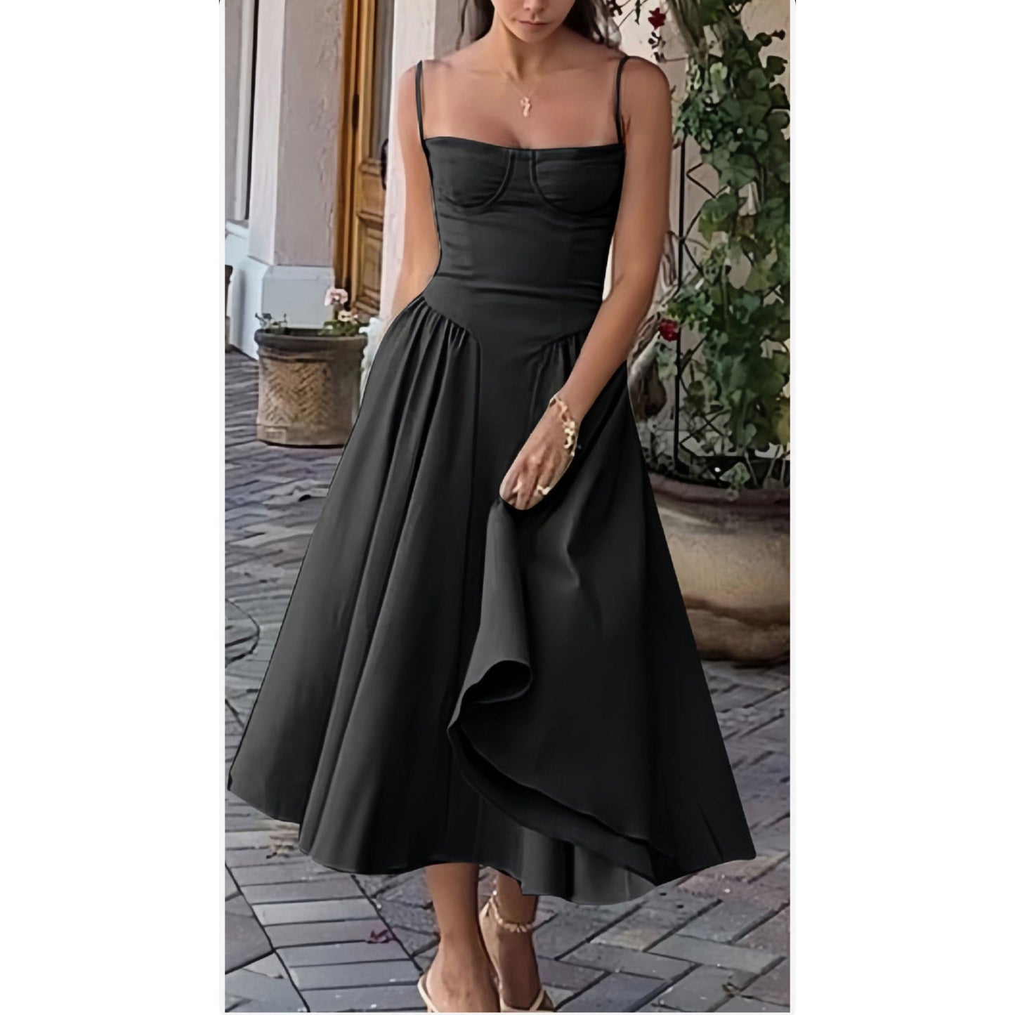 Spaghetti Strap Pleated Sleeveless Corset Midi Dress.