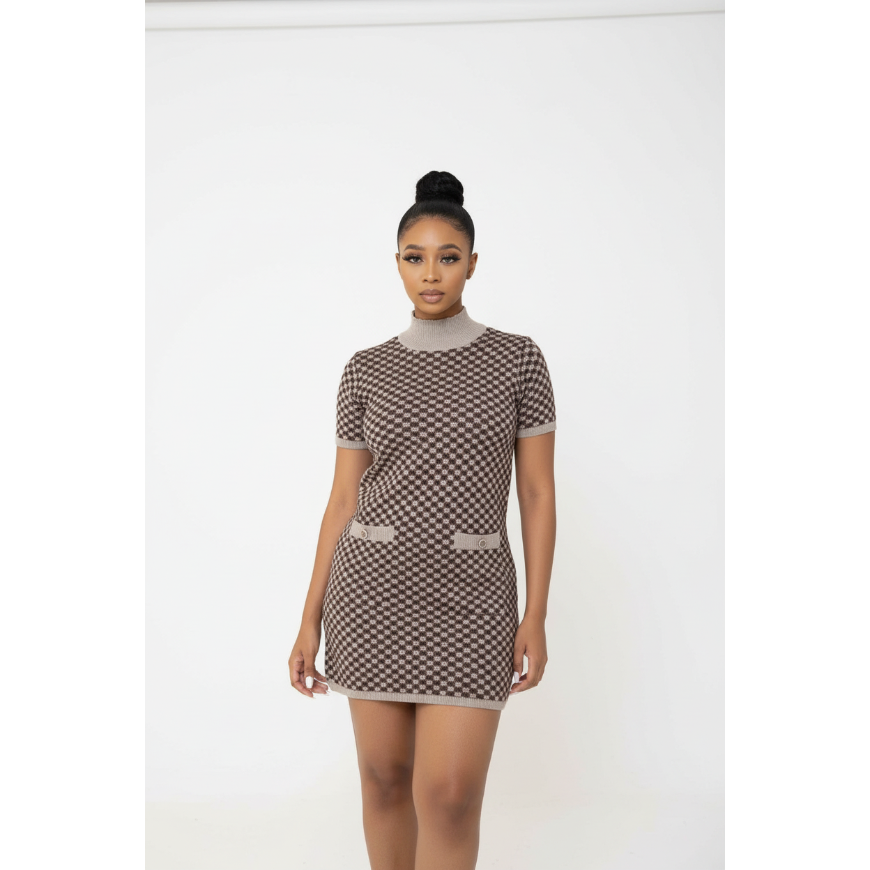 Mock-Neck Plaid Knit Mini A-Line Dress