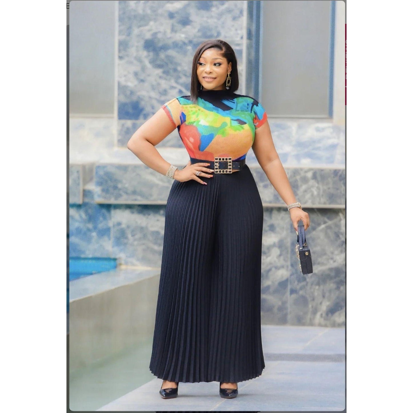 Floral Mesh Top and Pleated LONG Pant Set.