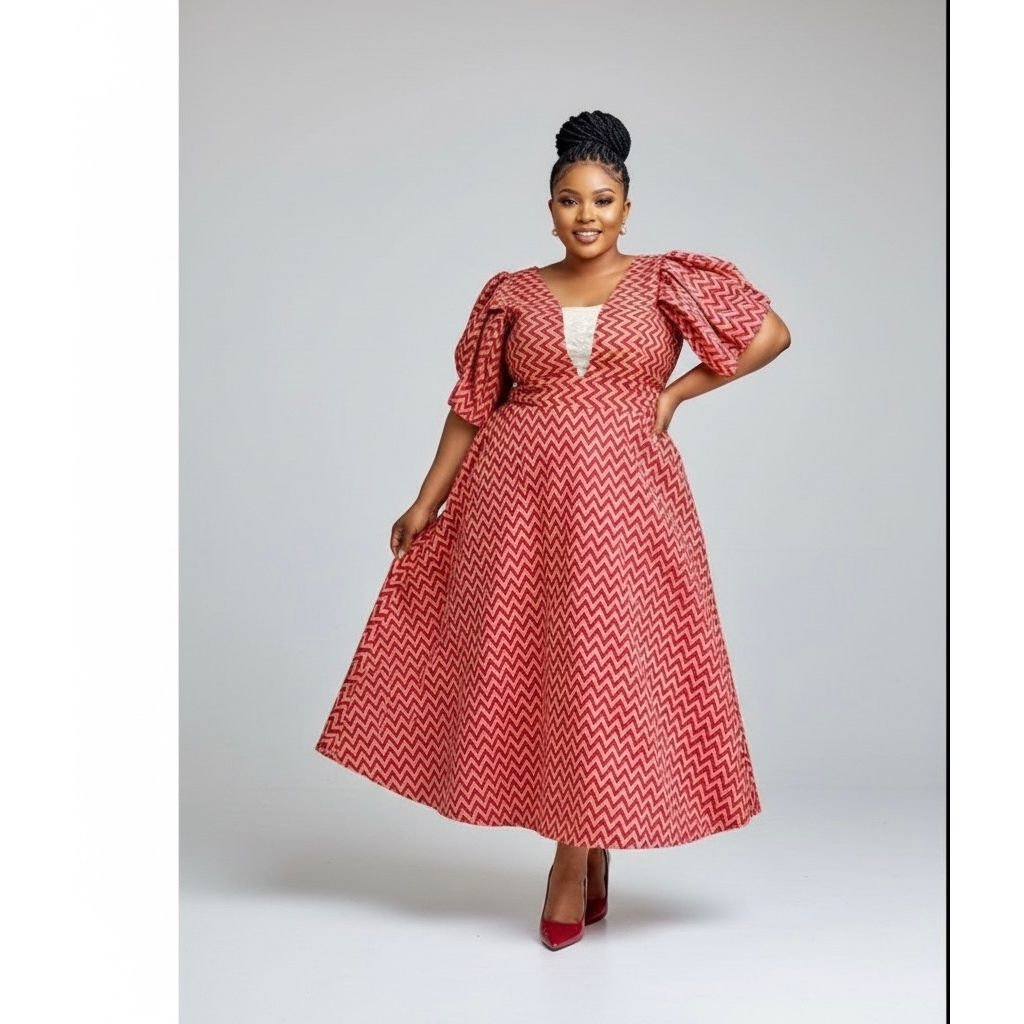 Plus Size Short Sleeve V-Neck  Ankara Midi Dress