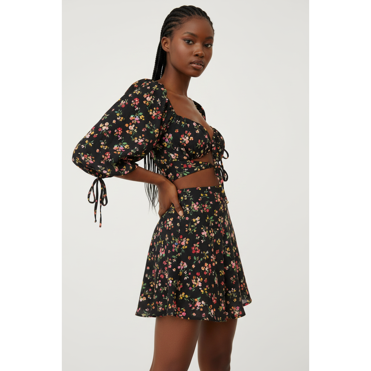 Ruffle Long Sleeve Crop Top Lace up Dress.