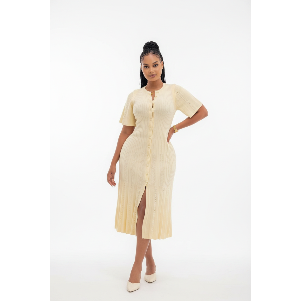 Bodycon Button Short Sleeve Knitted Maxi Dress