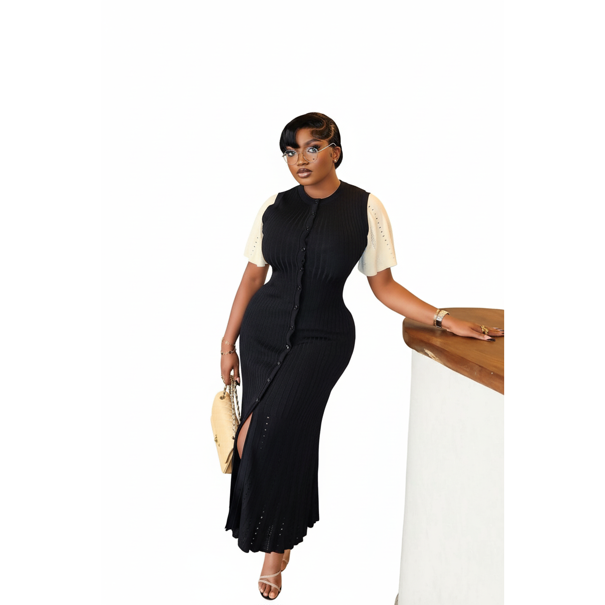 Bodycon Button Short Sleeve Knitted Maxi Dress