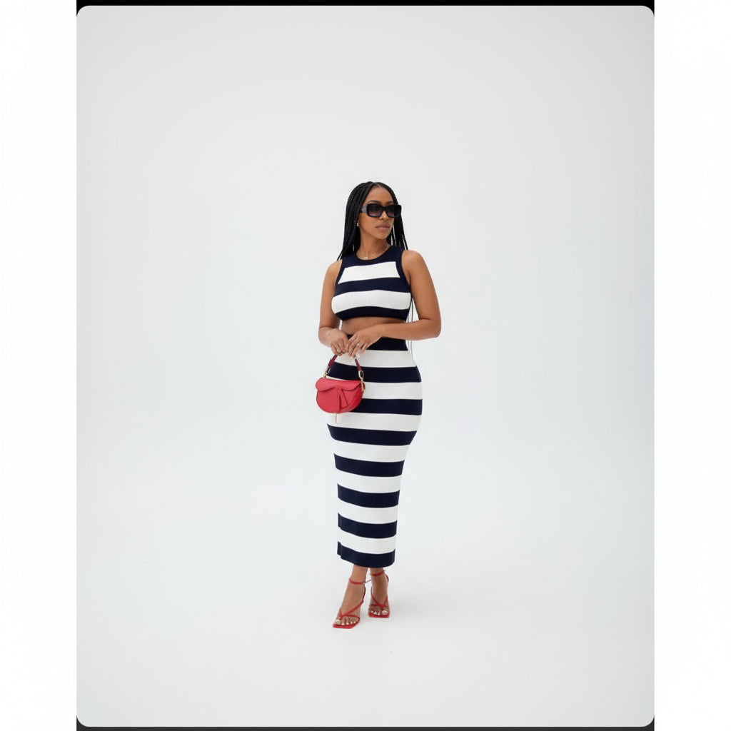 Striped Slit Skirt and Top Set
