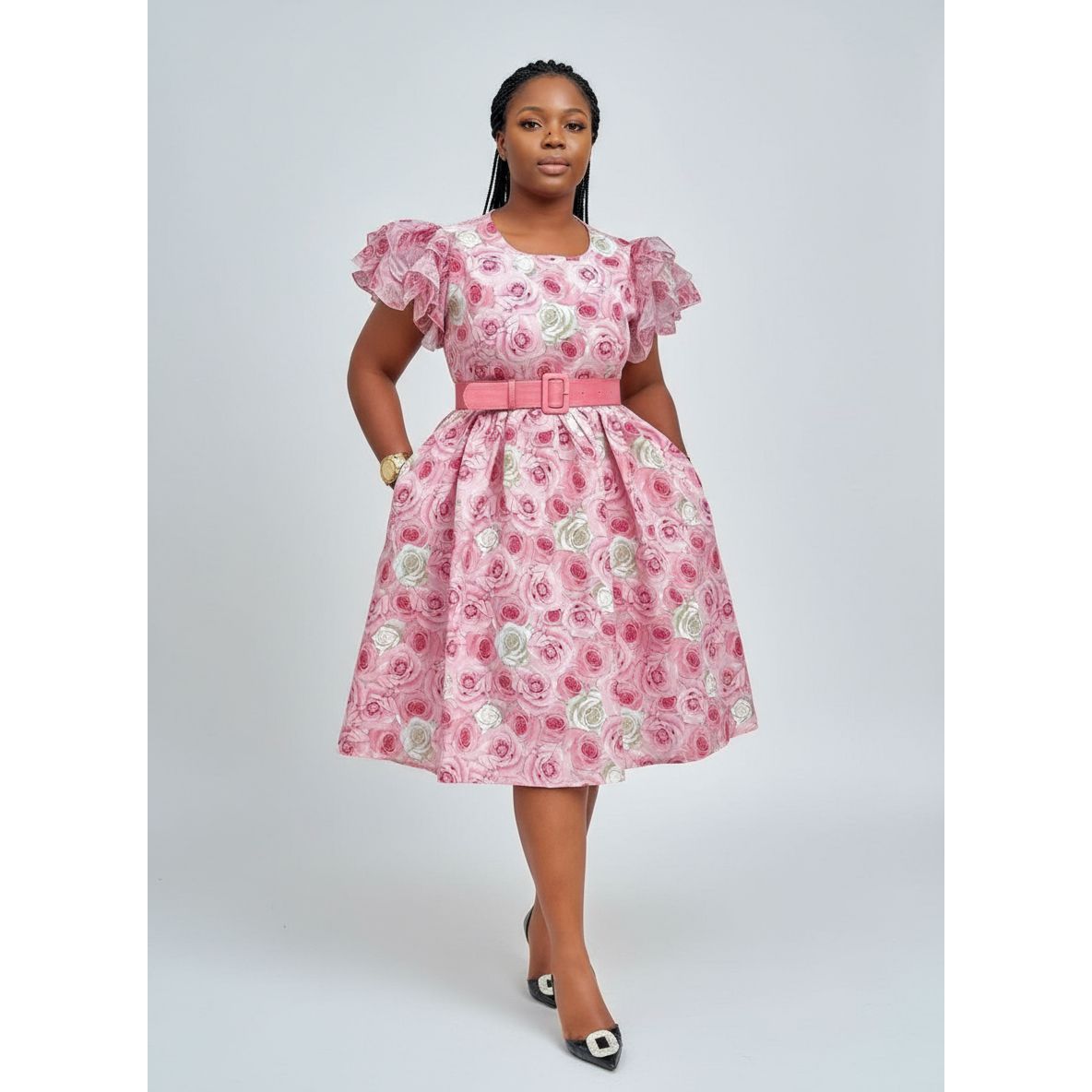 Floral belted midi dress