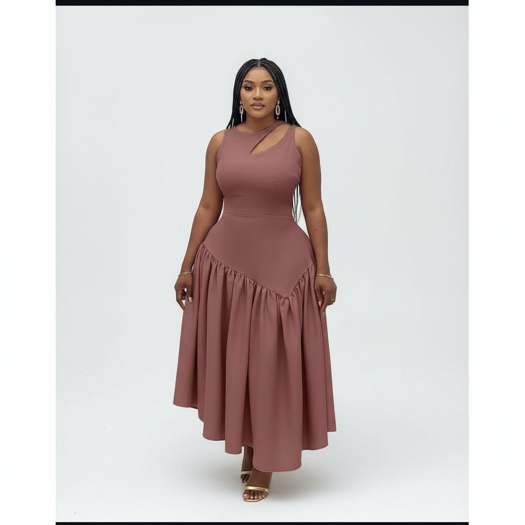 Sleeveless Bodycon Dress With Ruffle Hem Design.