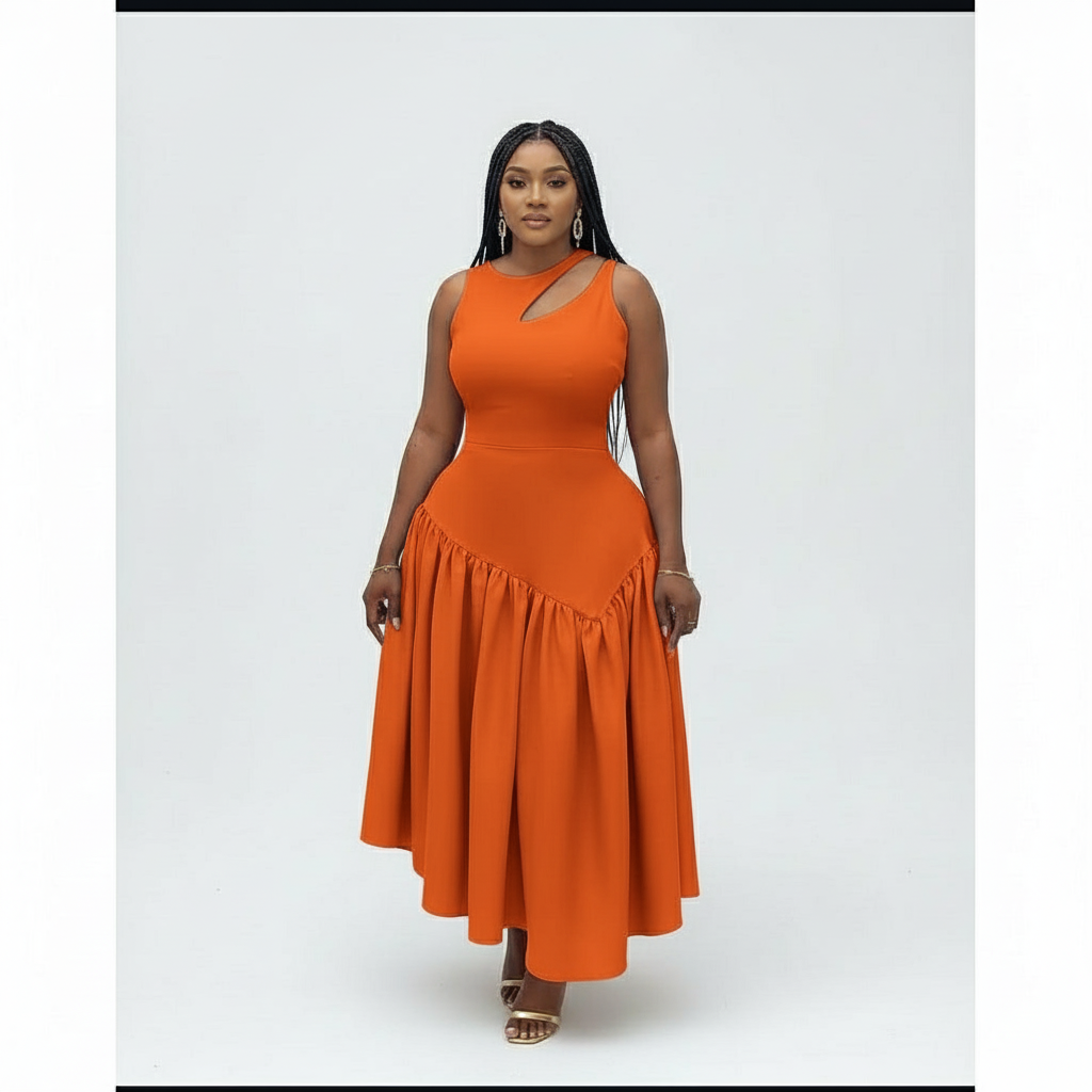 Sleeveless Bodycon Dress With Ruffle Hem Design.